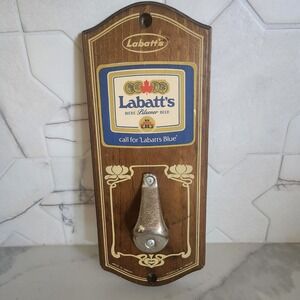 Vintage Labatt's Blue Beer Bottle Opener Wall Mount Wood Plaque Made in Canada